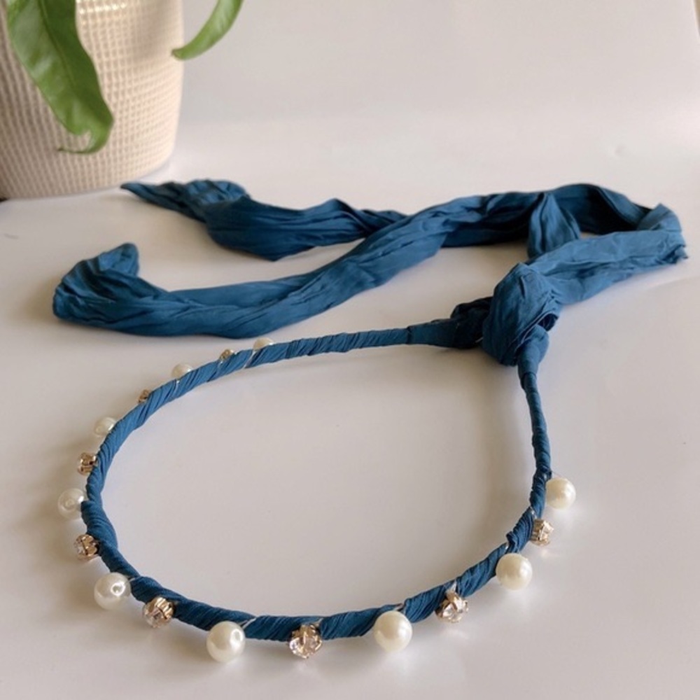 Anthropologie Celia pearl and rhinestone tiara-style bow scarf headband